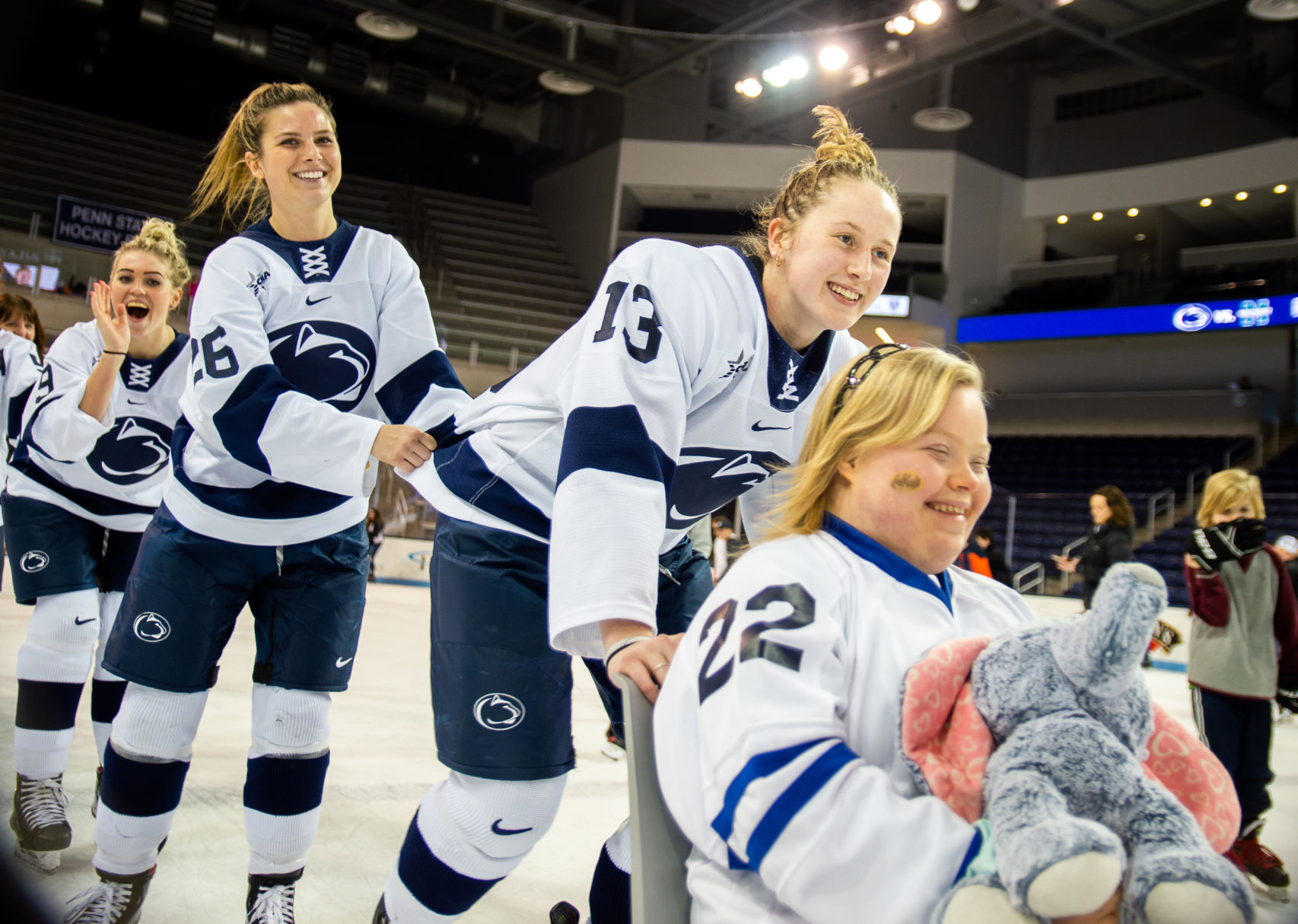 Penn State women's hockey vs Robert Morris, Genevieve Rogers, Rene Gangarosa (13), Mallory Uihlein (26), and Katie Rankin (19)